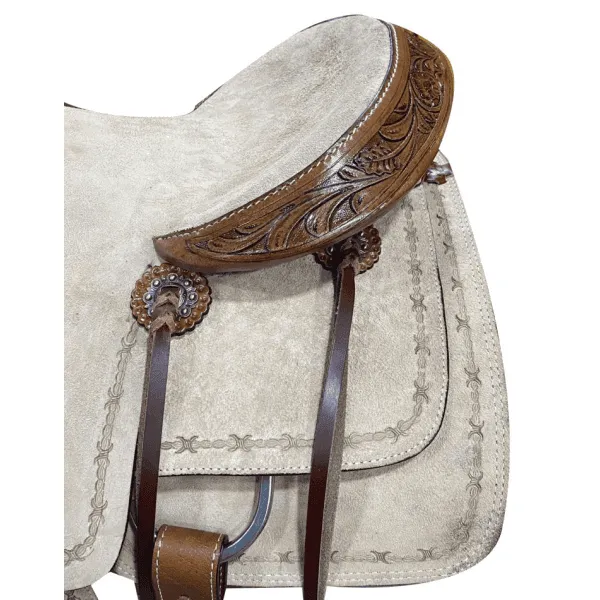 16" Circle S Roper Western Saddle with  barbwire tooling on skirt.