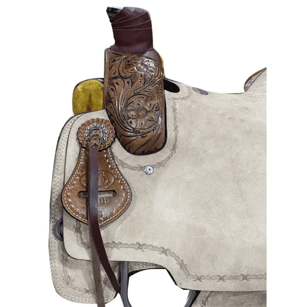 16" Circle S Roper Western Saddle with  barbwire tooling on skirt.