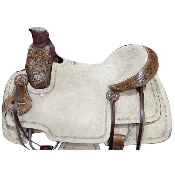 16" Circle S Roper Western Saddle with  barbwire tooling on skirt.