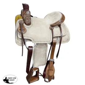 16" Circle S Roper Western Saddle with  barbwire tooling on skirt.