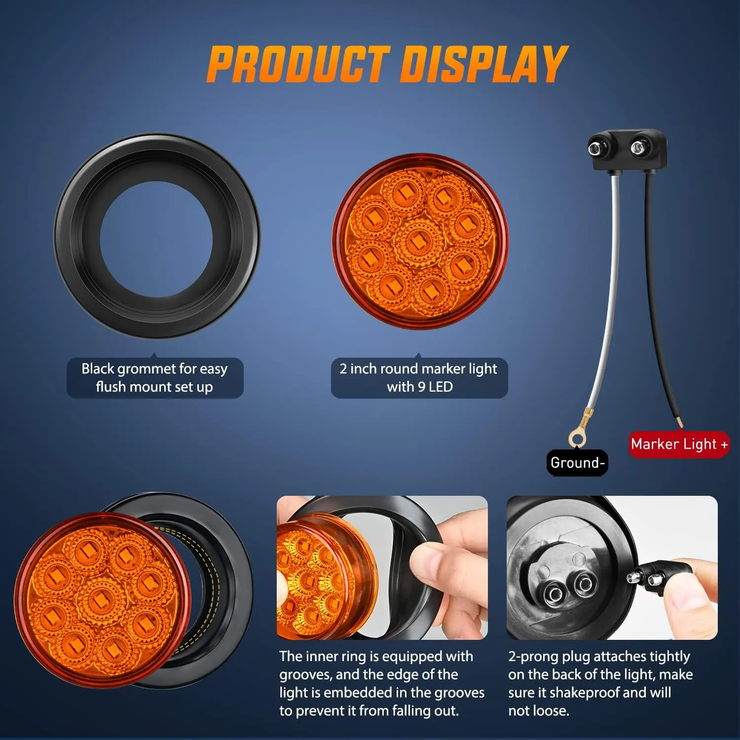 2 Inch Amber 9 Leds Round Marker Clearance Light (Pair)
