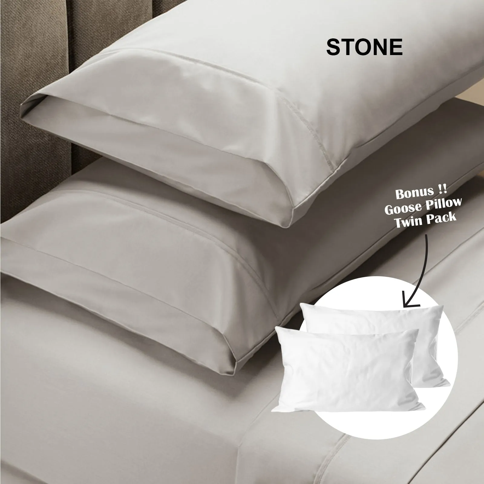 4 Piece 1500TC Sheet Set | Goose Feather Down Pillows 2 Pack | King | Stone