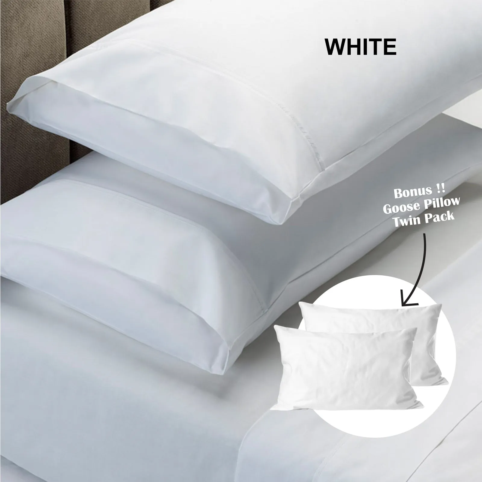 4 Piece 1500TC Sheet Set | Goose Feather Down Pillows 2 Pack | Queen | White