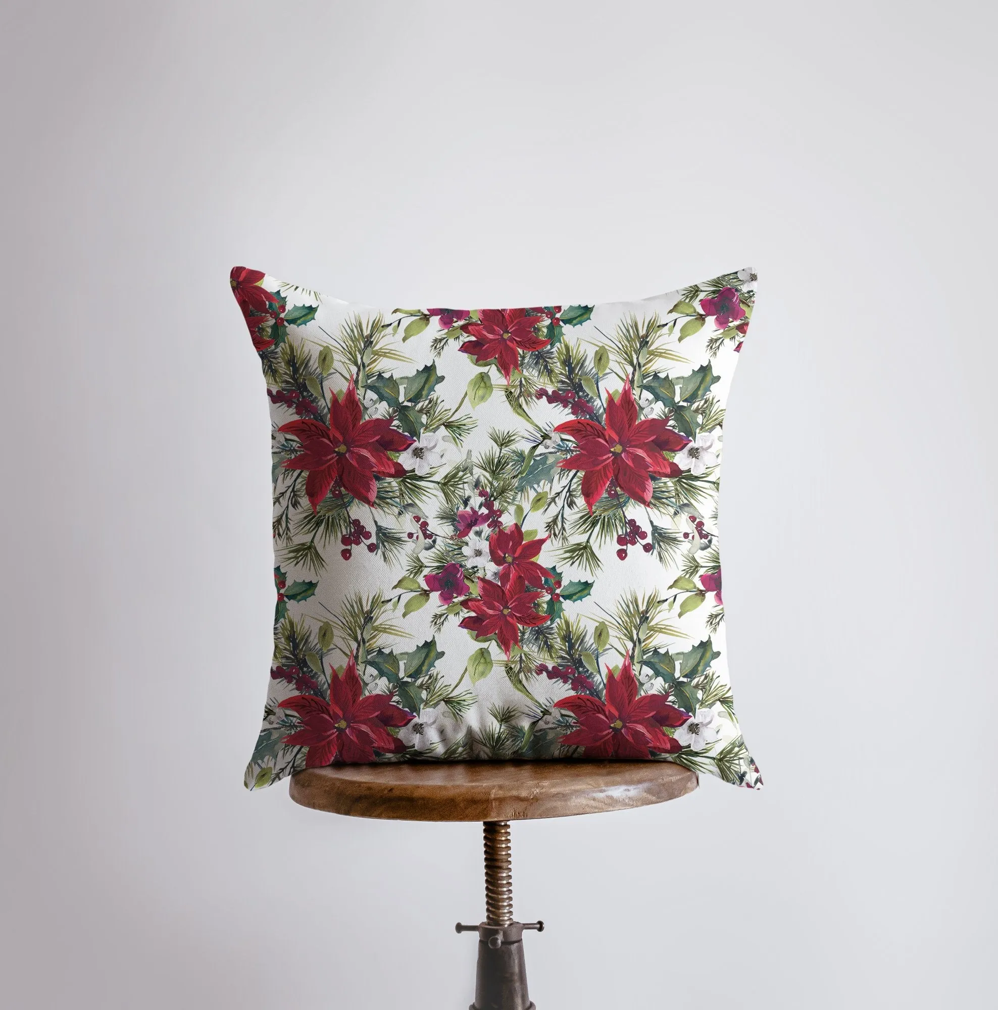 Christmas Poinsettia with Holly Throw Pillow Cover | Holiday Decor |