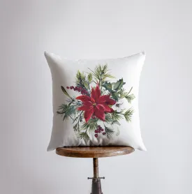 Christmas Poinsettia with Holly Throw Pillow Cover | Holiday Decor |