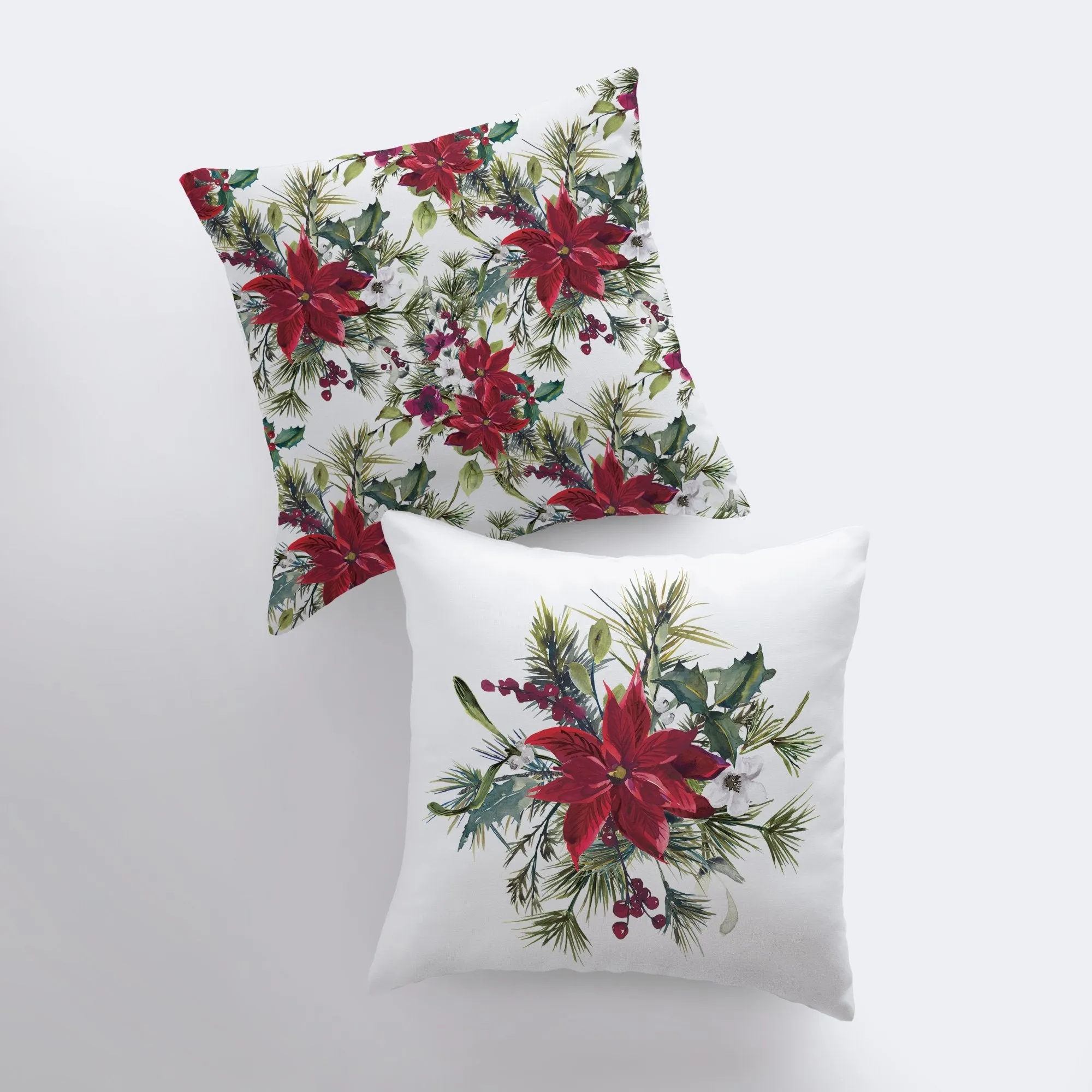 Christmas Poinsettia with Holly Throw Pillow Cover | Holiday Decor |