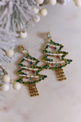 Christmas Tree Jeweled Earrings - Gold