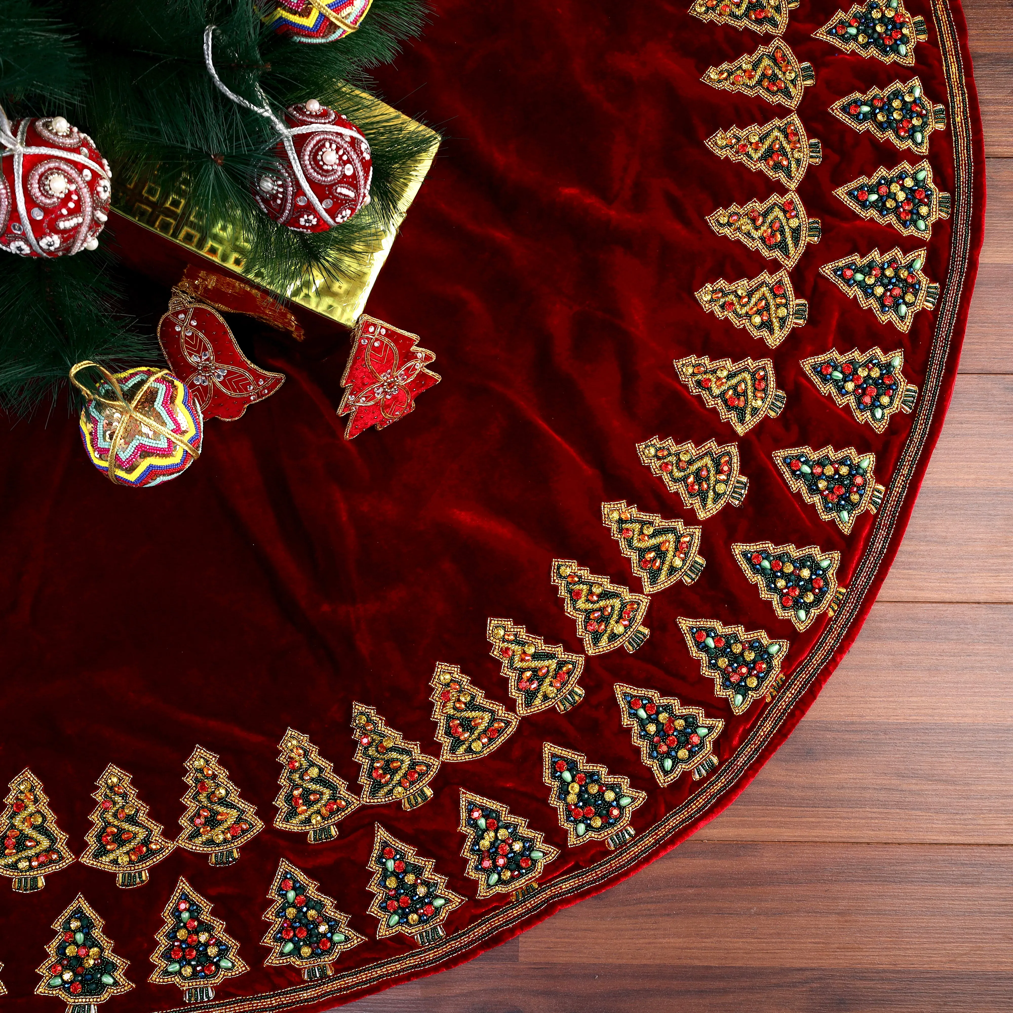 Gemstone Enchanted Forest Red Velvet Christmas Tree Skirt