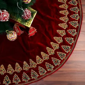 Gemstone Enchanted Forest Red Velvet Christmas Tree Skirt