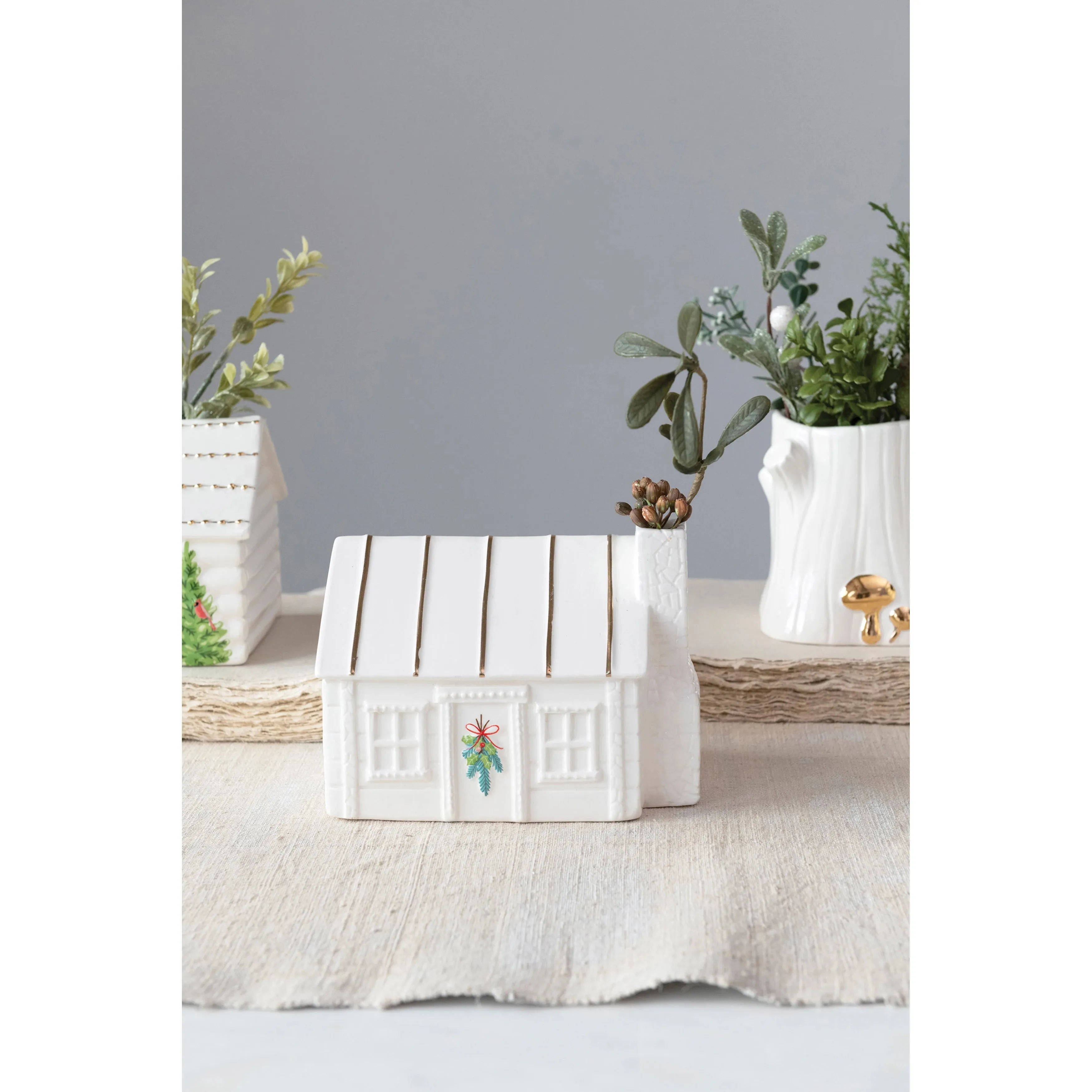 Hand-Painted Stoneware House Vase with Gold Electroplating